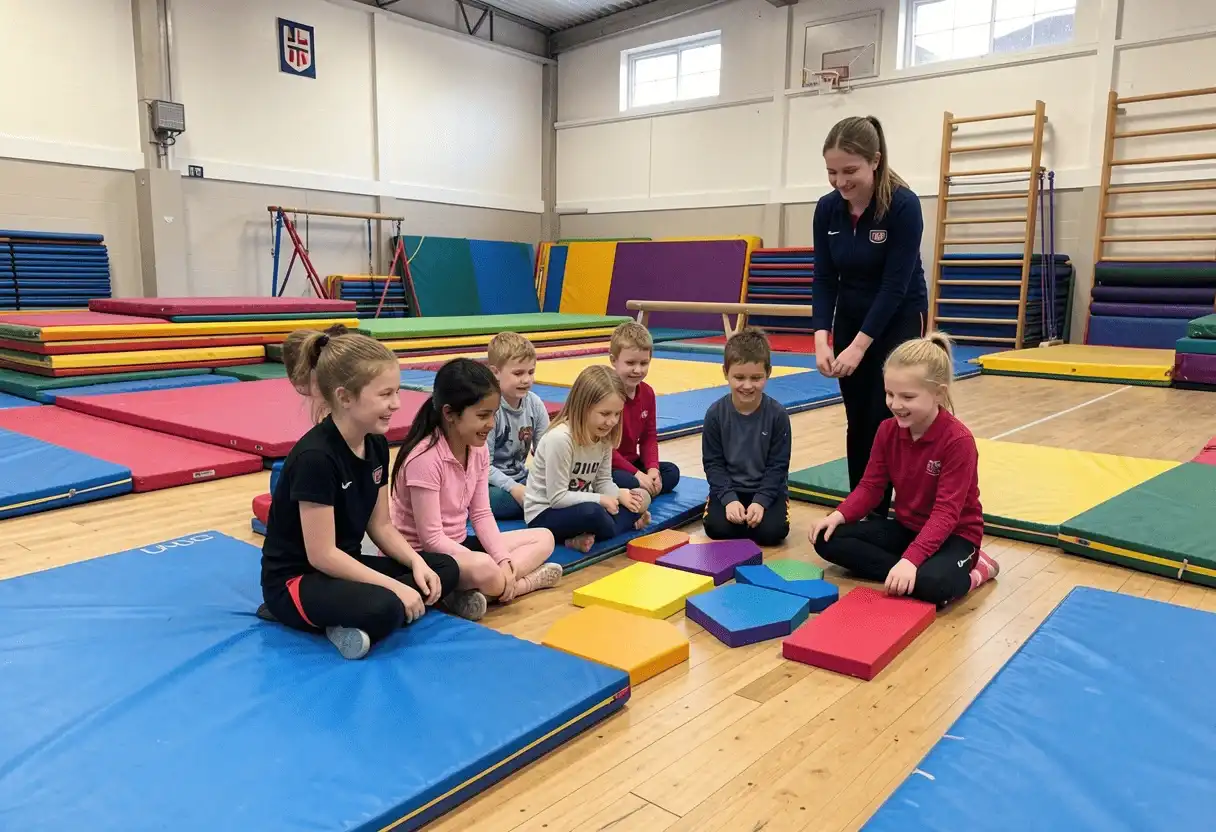 Diverse children aged 6–14 enjoying a coached indoor multi-sports session with a qualified coach in a modern UK hall