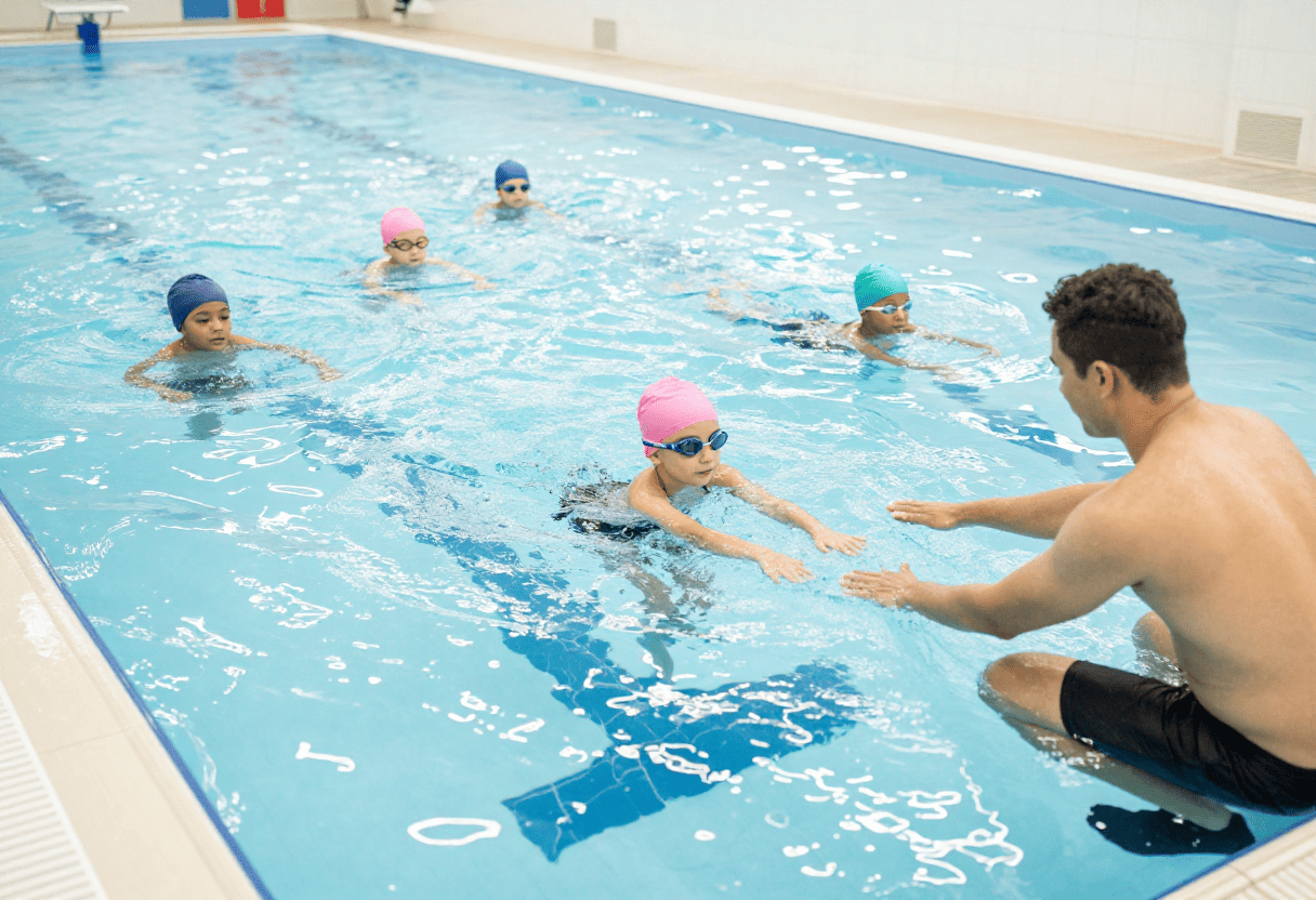 Children in a UK swimming lesson with a coach at the poolside