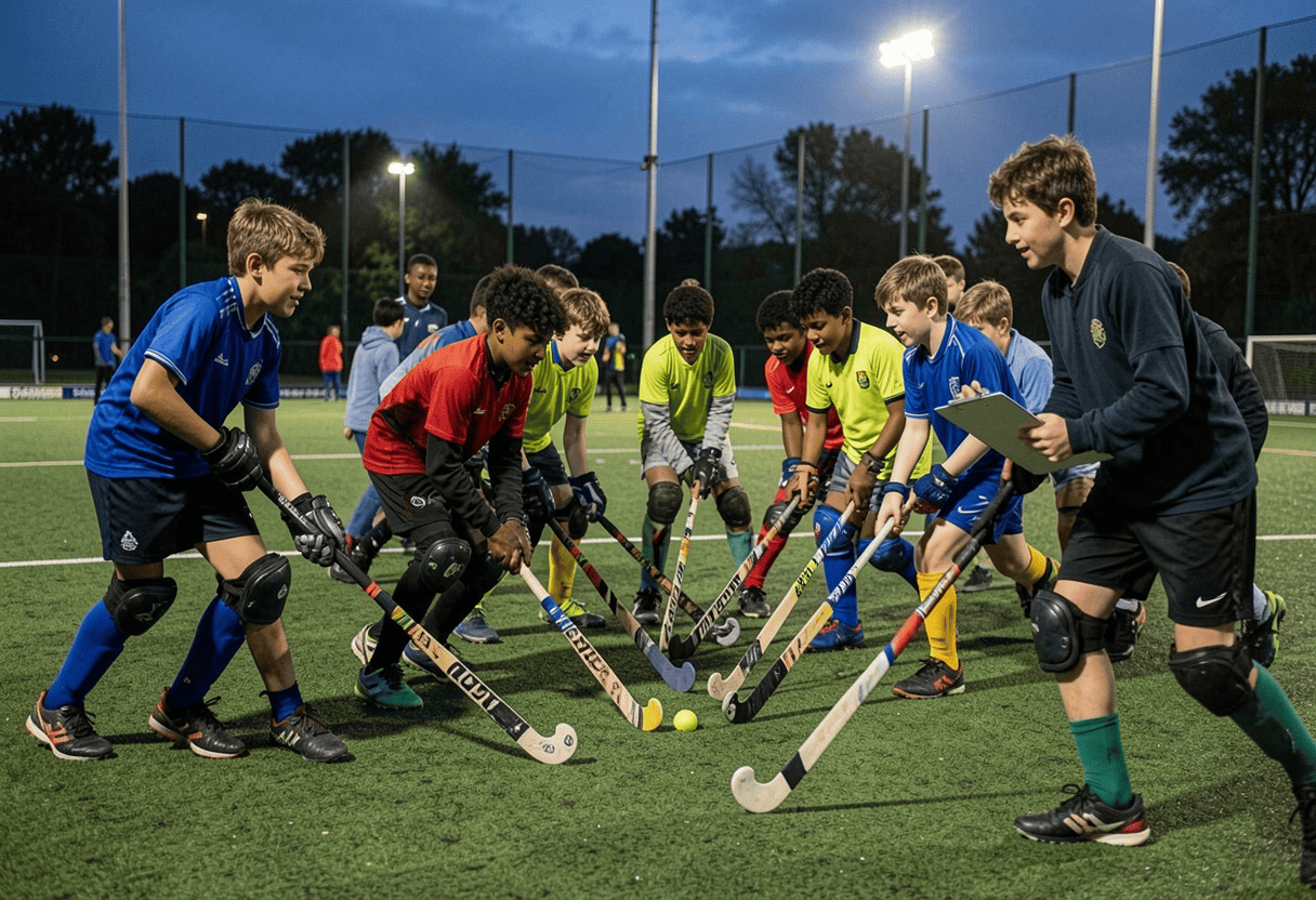 Young field hockey players practising stick skills on UK astroturf