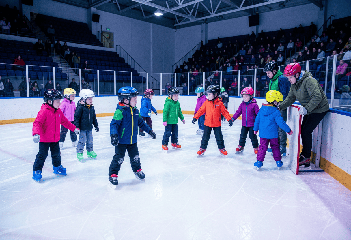 Figure skating fundamentals lesson on a UK ice rink with a coach at the boards