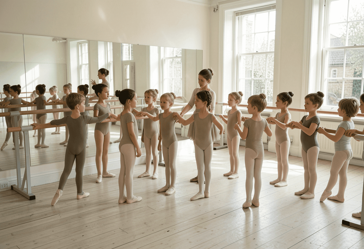 Inclusive ballet class in a mirrored UK studio with children at the barre