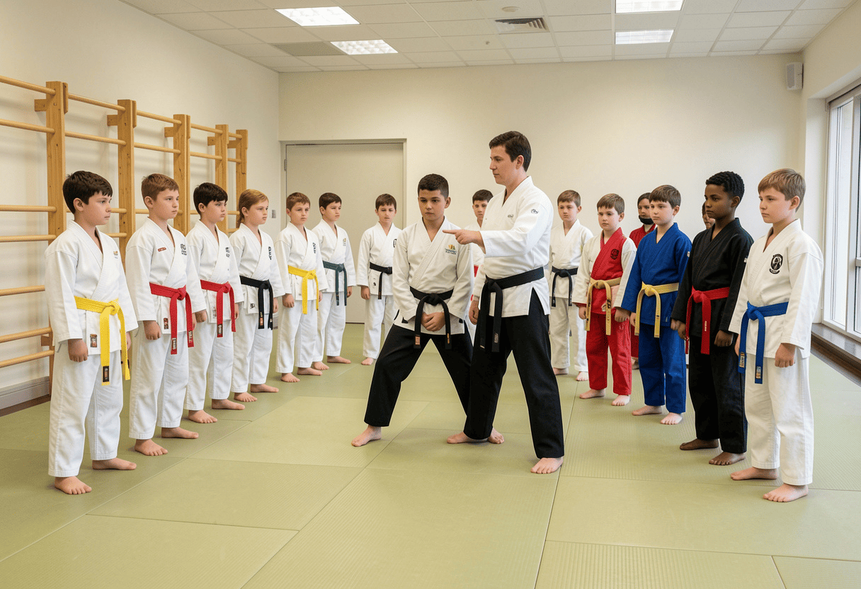 Junior martial arts students practising controlled techniques with pads and an instructor