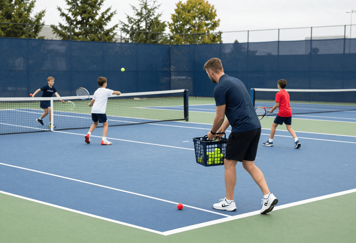 Junior tennis lesson on a UK court with a coach feeding balls