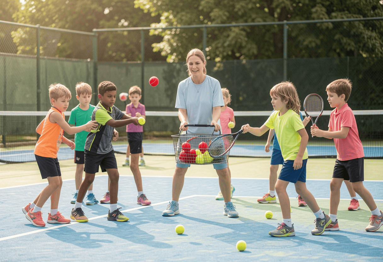 Junior tennis coaching session on court