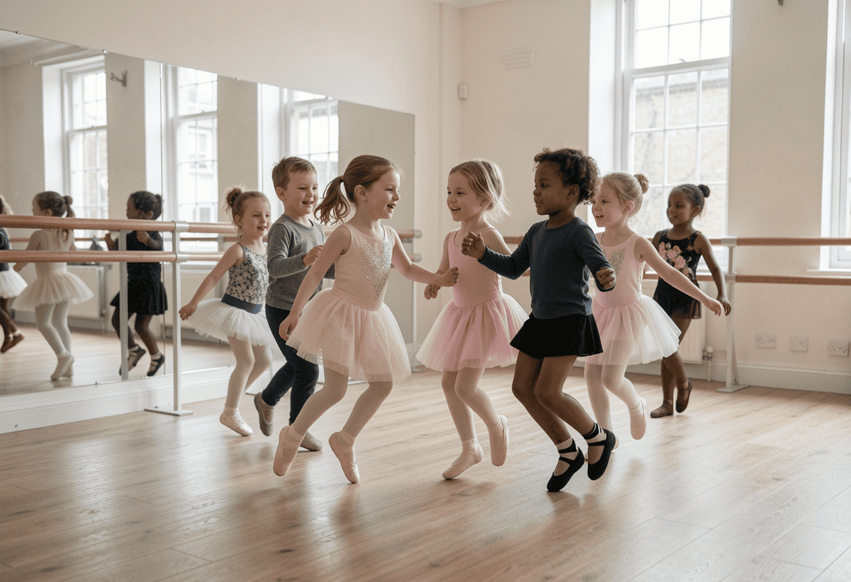Inclusive junior ballet class at the barre in a mirrored Birmingham studio