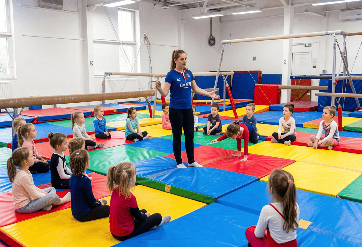 Junior gymnastics class on a sprung floor with a coach demonstrating