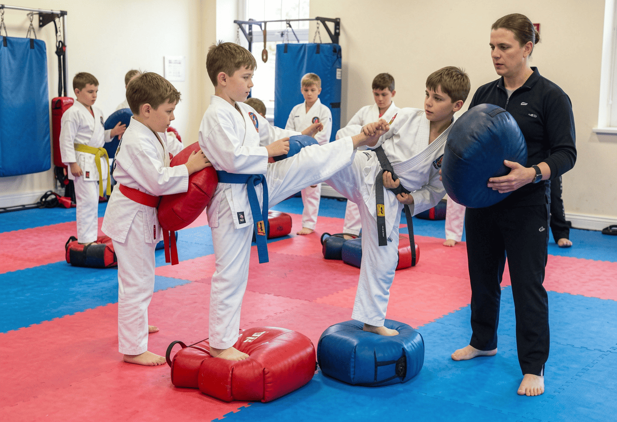 Controlled junior combat-sports fitness class with pads and protective equipment