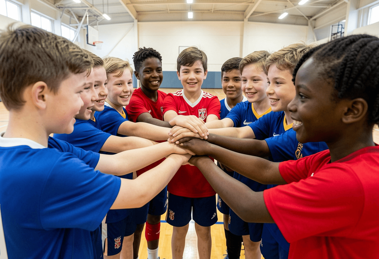 Young sports team in a huddle before a tournament match